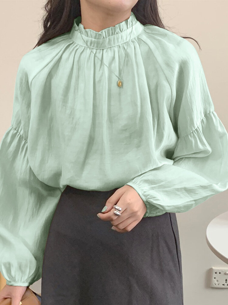 Solid Drop Shoulder Loose Stand Collar Long Sleeve Blouse