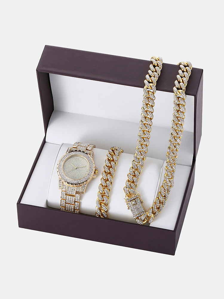 3 Pcs Men Watch Set Inlaid Diamond Steel Band Women Quartz Watch Necklace Bracelet Jewelry Gift Kit