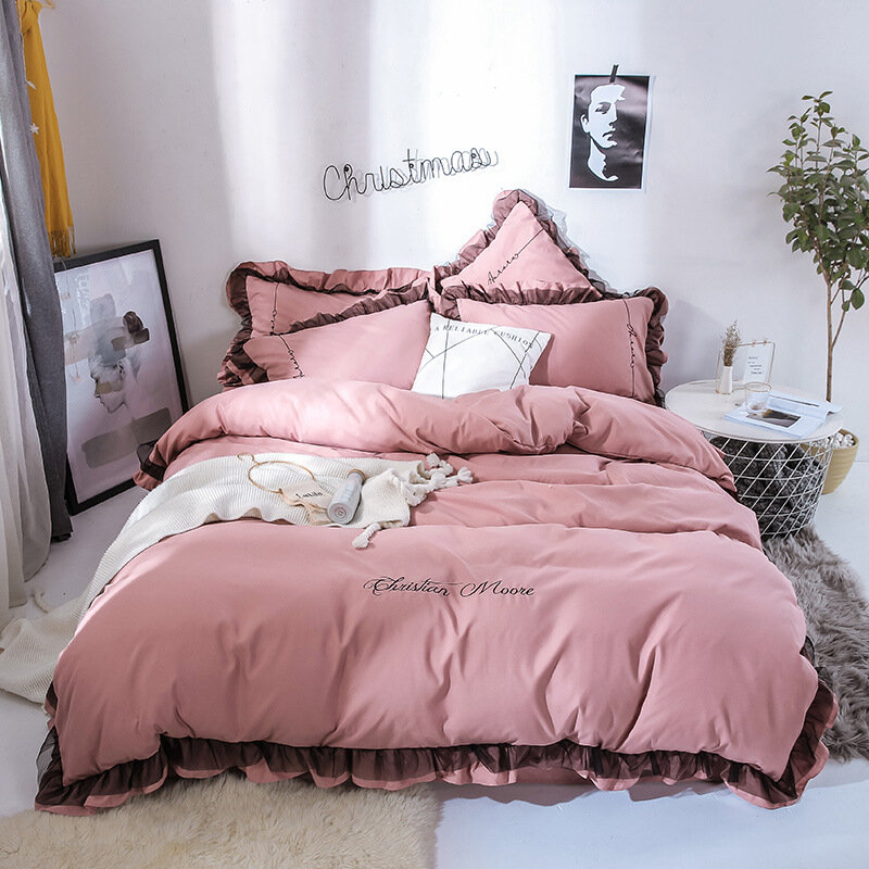 4pcssolid Color Embroidery Lace Purfle Bedding Set Soft-smooth Duvet Cover Sheet Pillowcases King