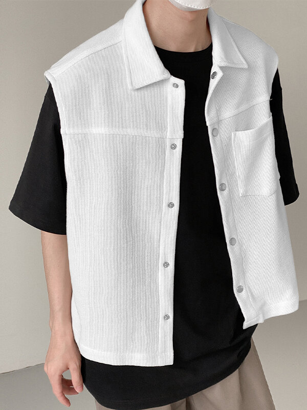 Mens Knit Textured Lapel Snap Button Sleeveless Vest