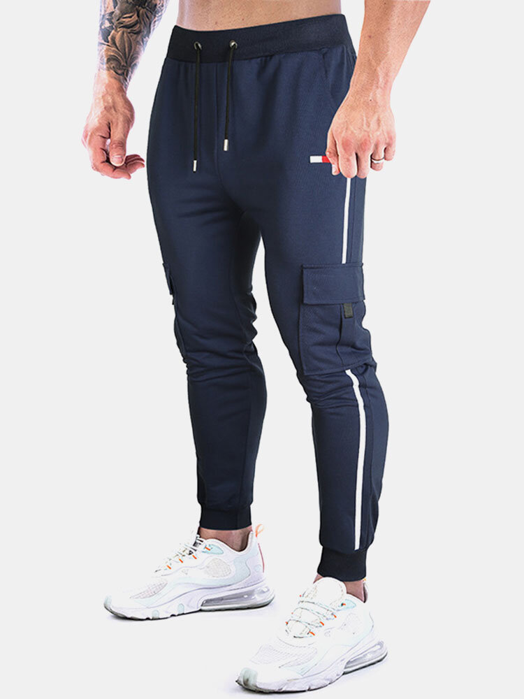 Mens Side Stripe Flap Pocket Sports Style Drawstring Sweatpants