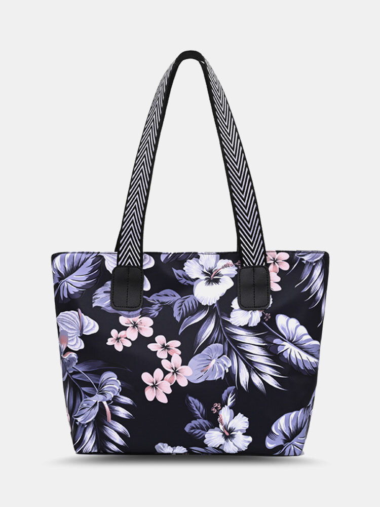 Women Nylon Calico Floral Feather Pattern Printed Shoulder Bag Handbag Tote