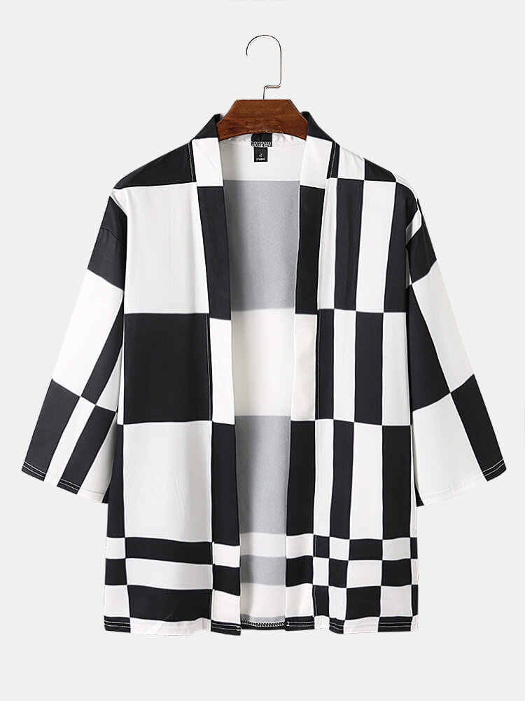 Mens Checkered Geometric Print Open Front Casual Loose Kimono