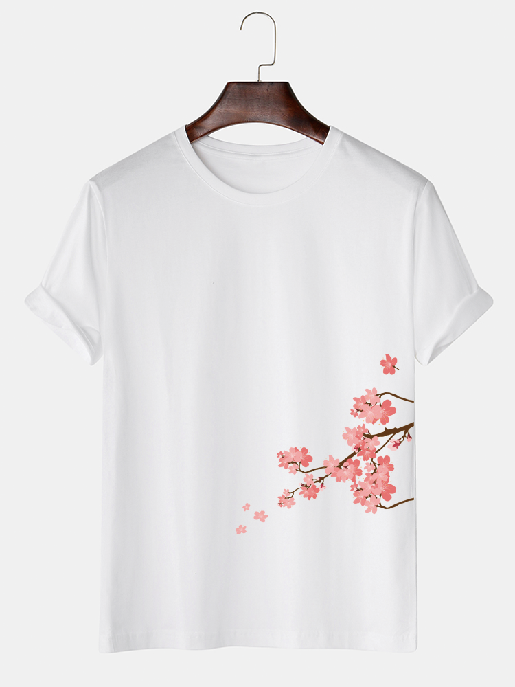 Mens Floral Side Print Crew Neck 100% Cotton Short Sleeve T-Shirts