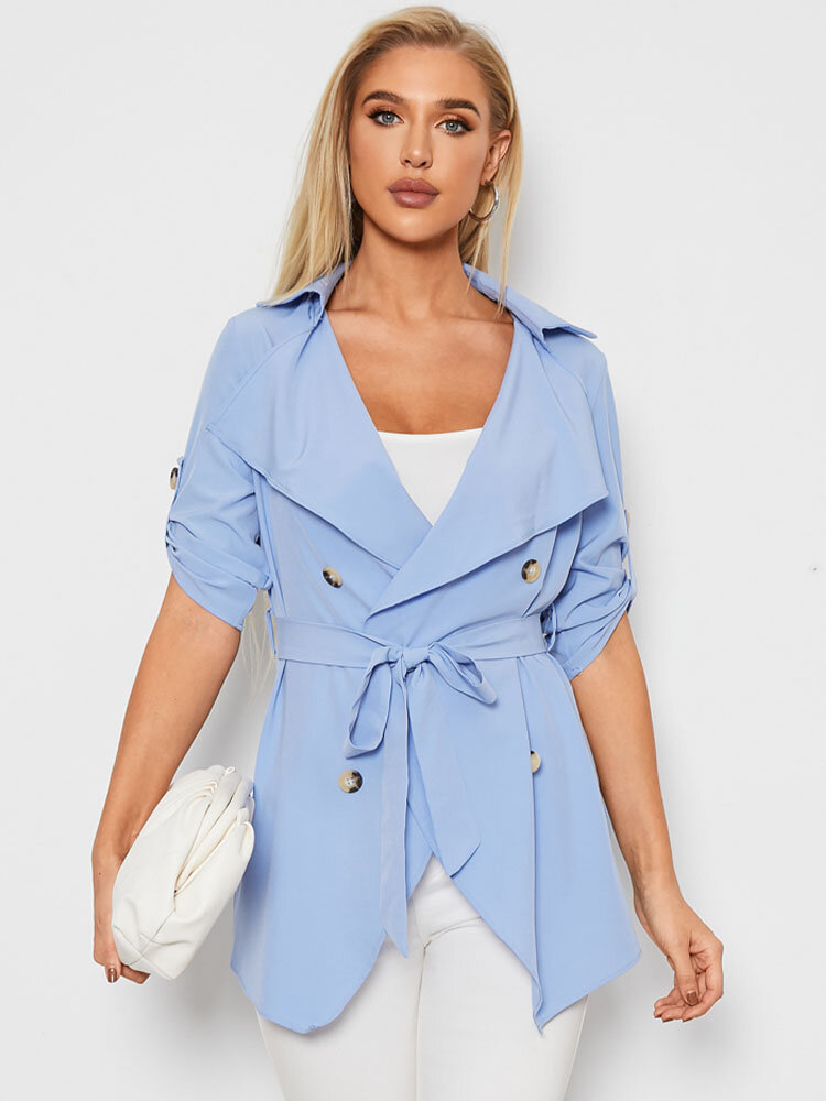 Solid Belt Double Breasted 3/4 Sleeve Lapel Blouse