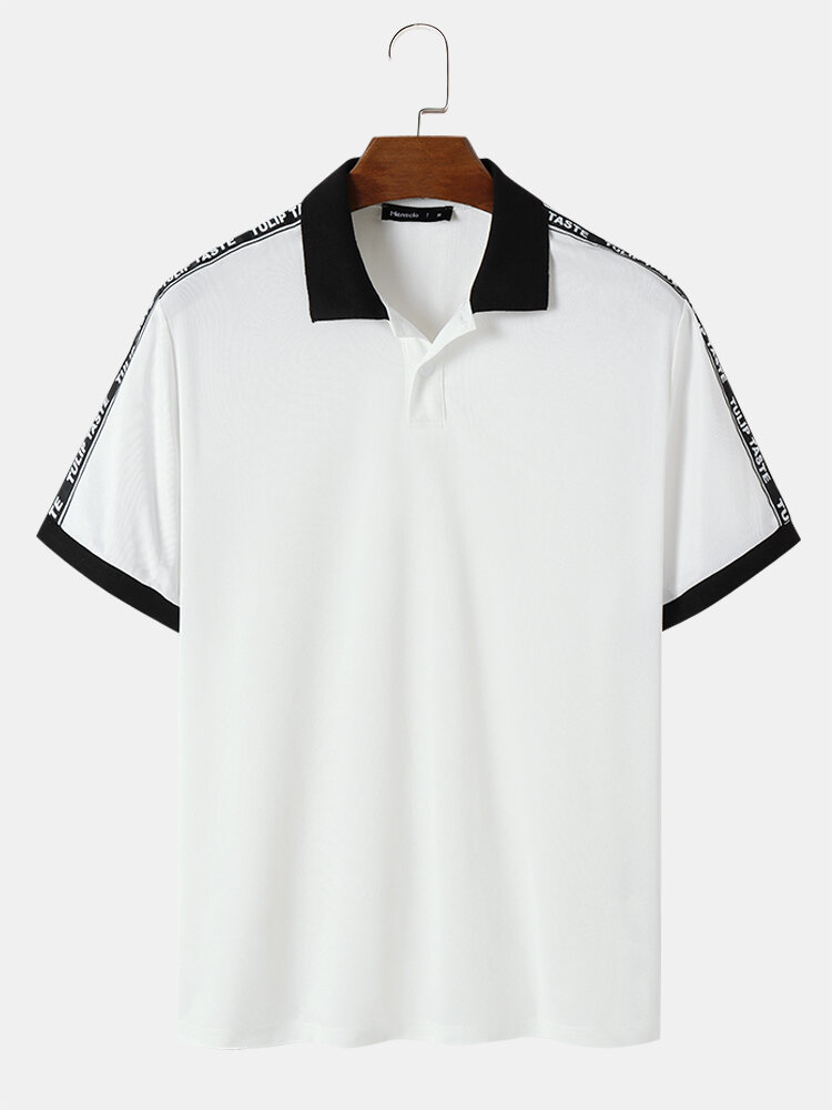 Mens Contrast Letter Side Print Button Short Sleeve Golf Shirts