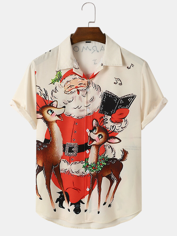 Mens Christmas Santa Claus Deer Print Lapel Short Sleeve Shirts
