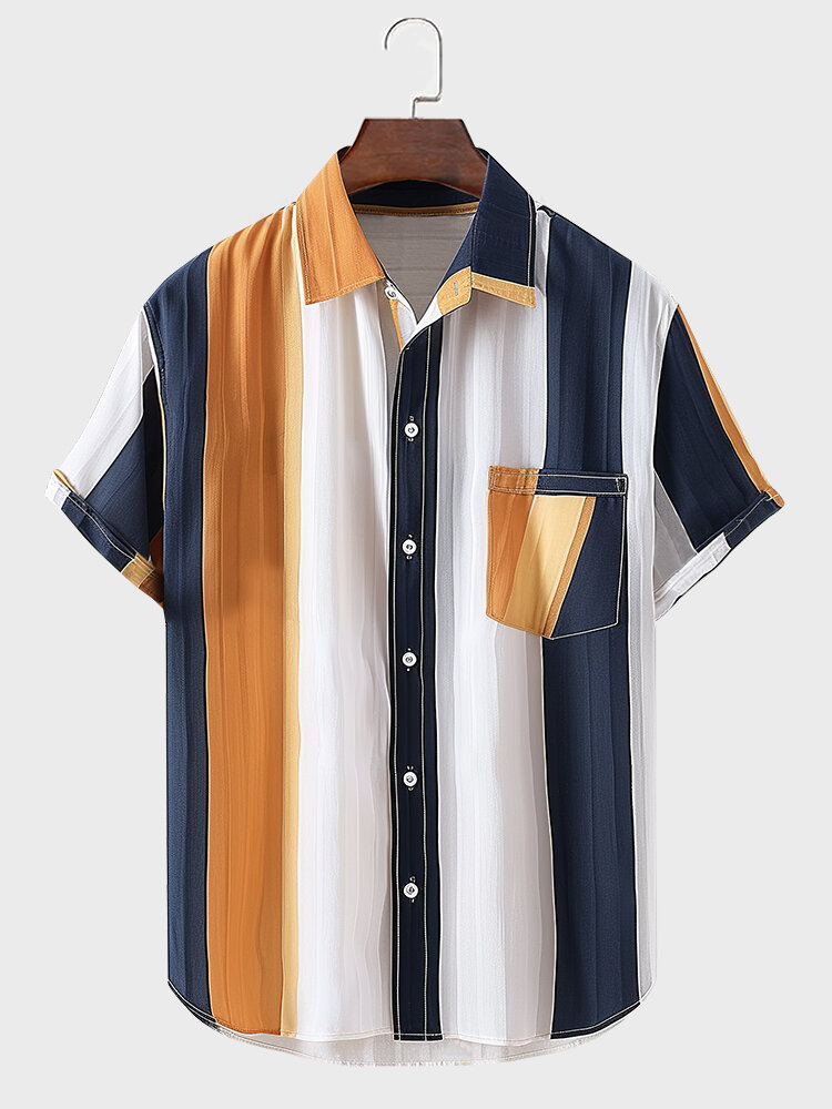 Camisas informales de manga corta con solapa y bolsillo en el pecho a rayas en bloque para hombre