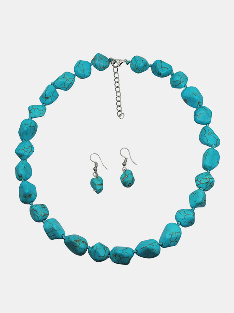 Bohemian Irregular Turquoise Beaded Necklace Geometric Disc Turquoise Earring Set
