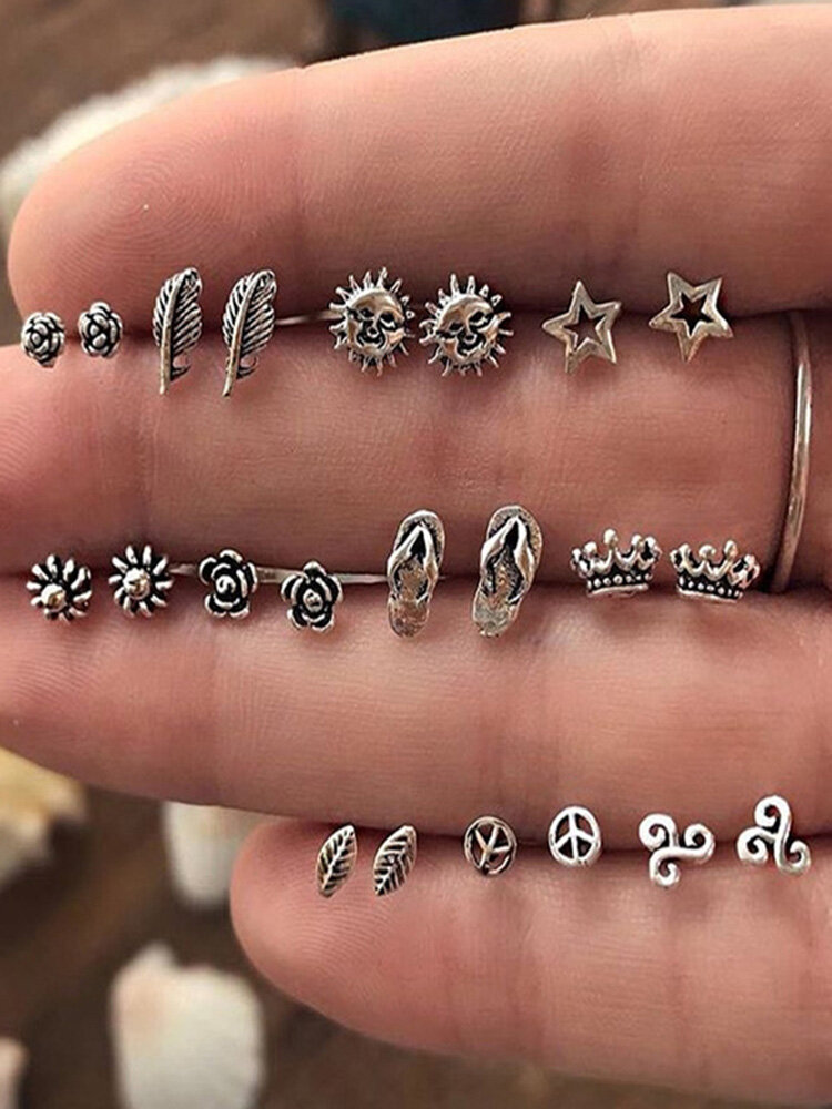 Vintage Geometric Stud Earrings Kit Star Leaves Sun Stereoscopic Flower Crown Earrings 