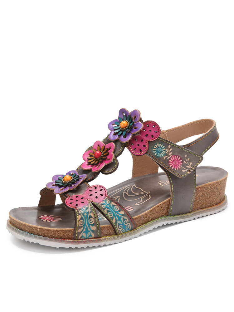Scocofy Cuir Véritable Confortable Été Vacances Bohemian Ethnic Floral Hook & Loop T-Strap Wedges Sandals