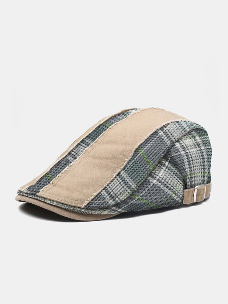 Collrown Men Polyester Cotton Solid Color Lattice Patchwork Casual Sunshade Beret Flat Cap