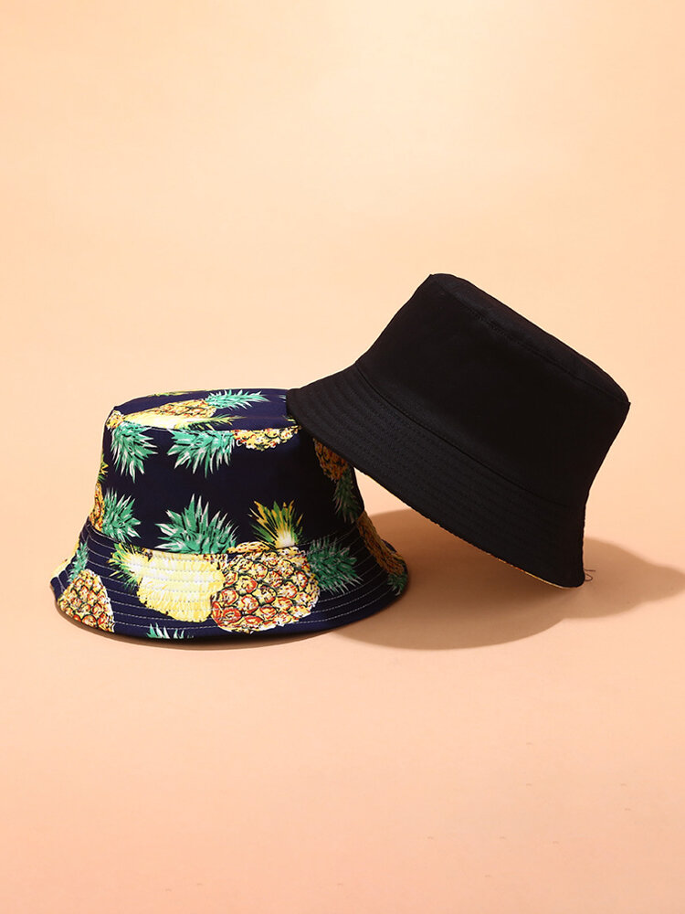 Women & Men Fruit Print And Black Two-Sided Bucket Hat 