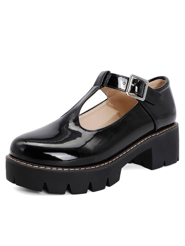 Plus Size Women Fashion Casual Solid Color Buckle T-strap Platforms Wedges Shoes