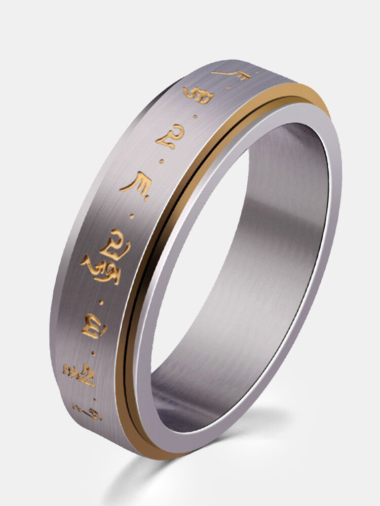 Men's Rotatable Ring Titanium Steel Buddhist Gold Tone Mantra Pattern Spinner Lucky Ring 