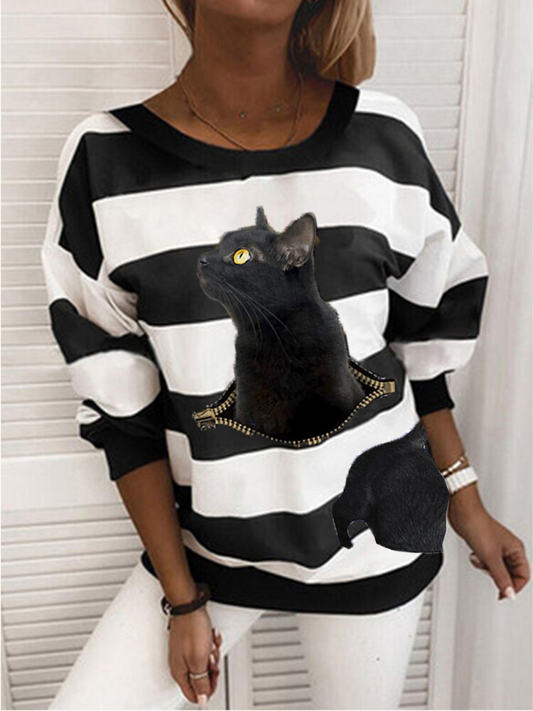 Cat Print Striped Patchwork Plus Size Blouse