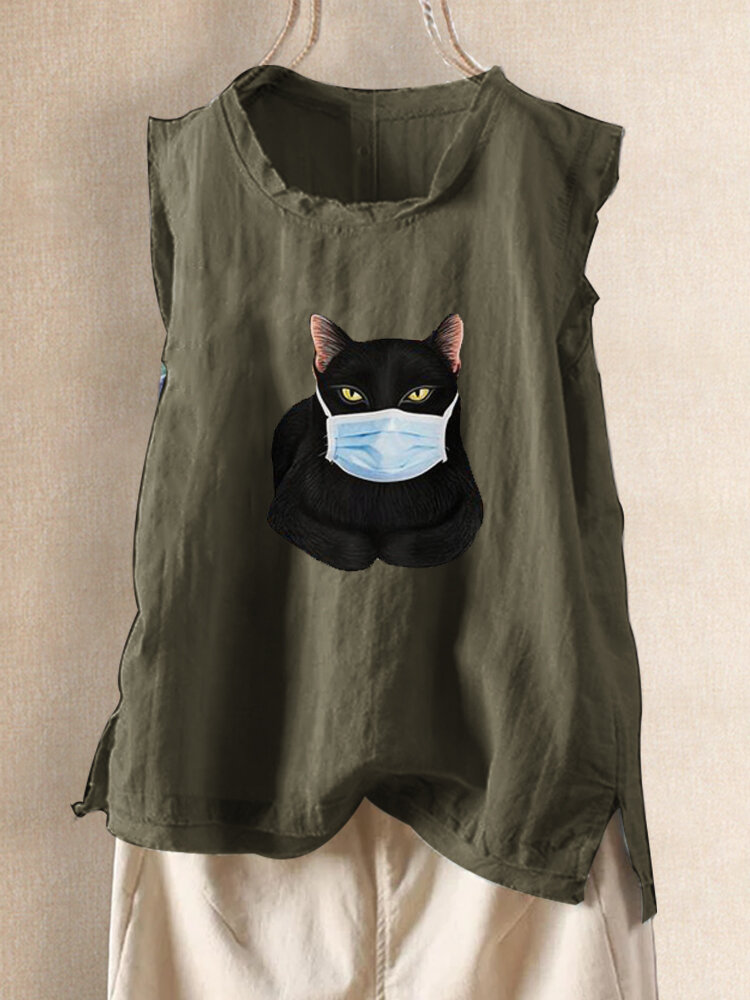 Cartoon Cat Printed Sleeveless O-Neck Tank Tops