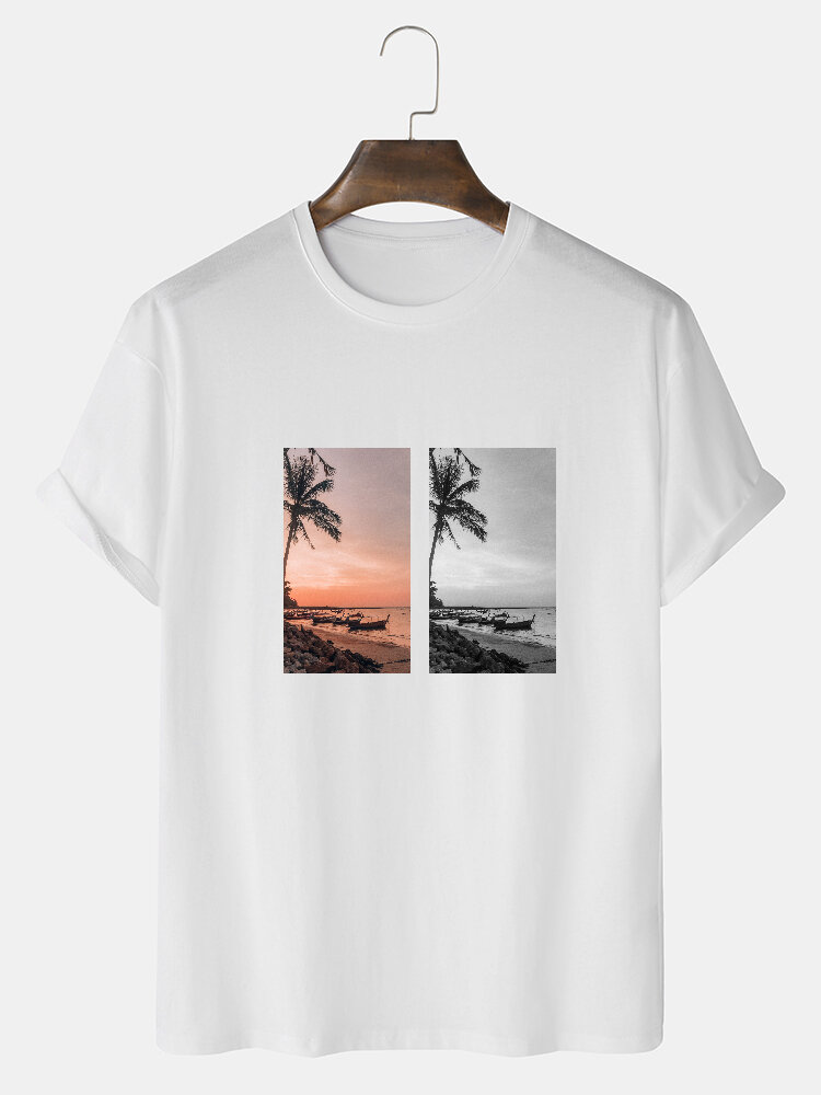 

Mens Sunset Scenery Graphics Cotton Loose Short Sleeve T-Shirts, Black;white