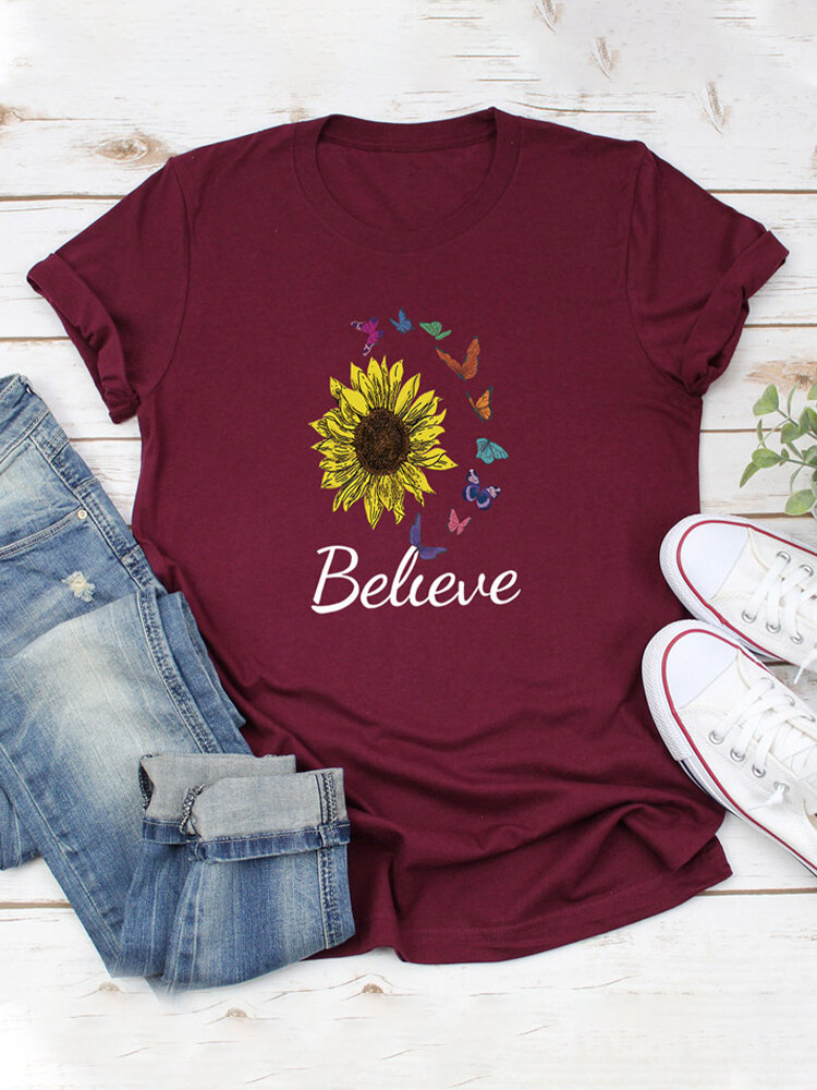 Letter Butterflies Sunflower Print Short Sleeve T-shirt For Women
