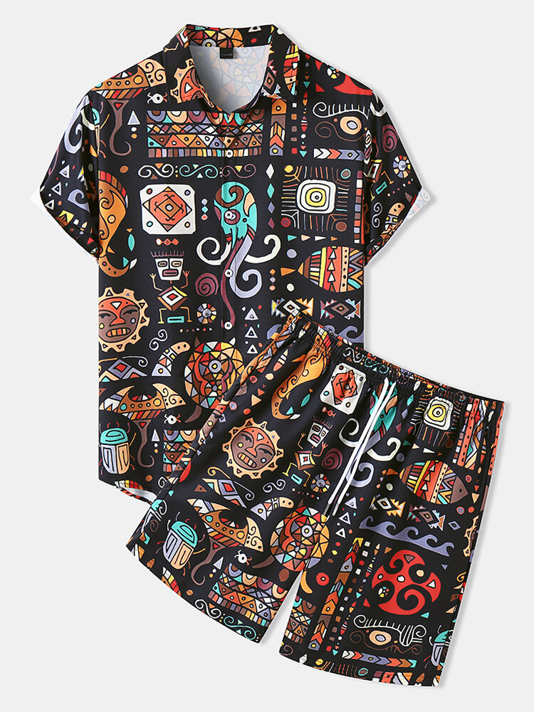 Mens Tribal Cartoon Graphic Mid Length Short Sleeve Two Pieces Outfits
