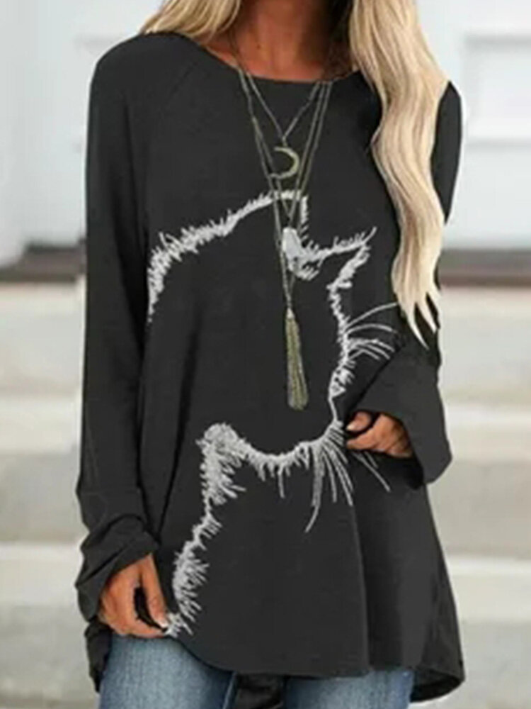 Women Cat Graphic Crew Neck Casual Long Sleeve T-Shirt