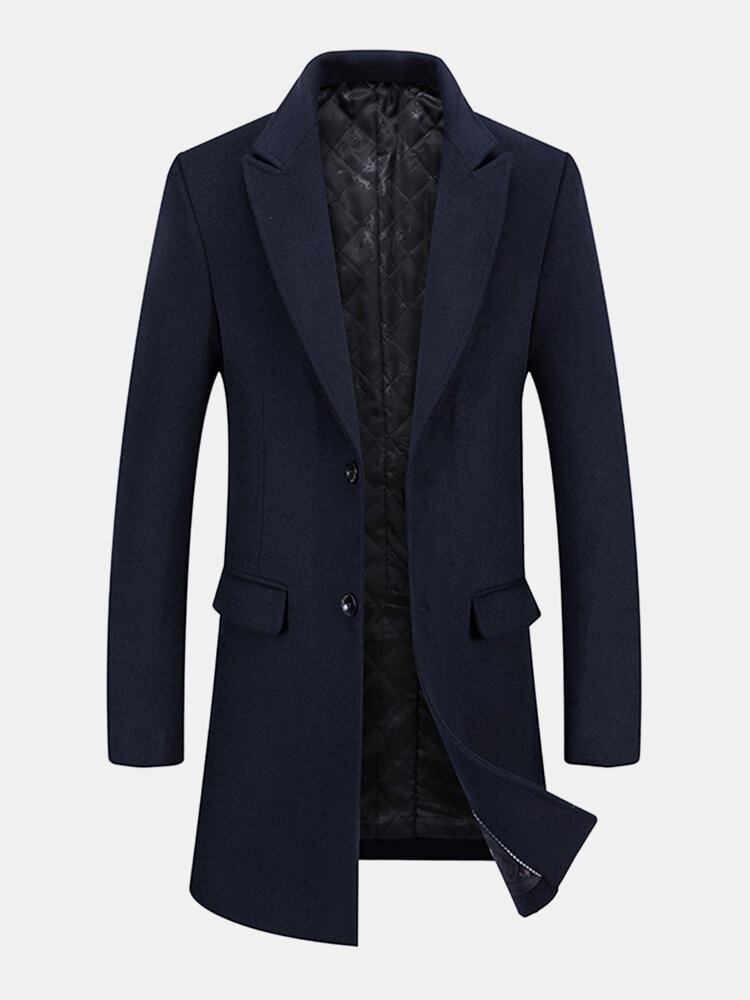 Mens Solid Color Button Up Woolen Business Casual Mid-Length Overcoats