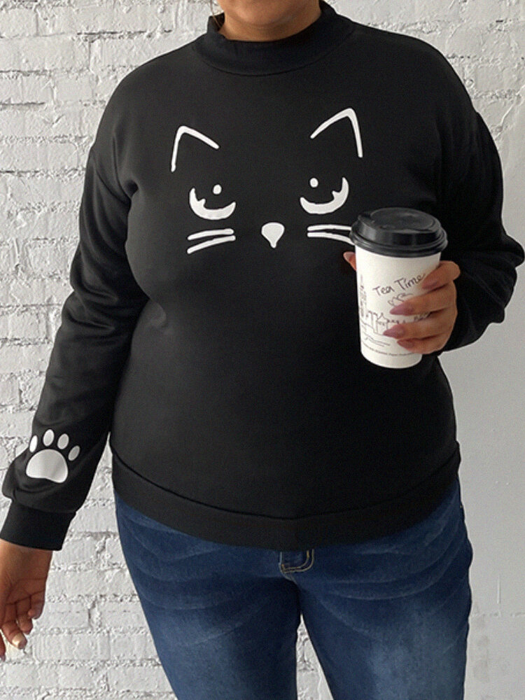 Plus Size Lovely Cartoon Cat Print O-neck Casual Sweatshirt