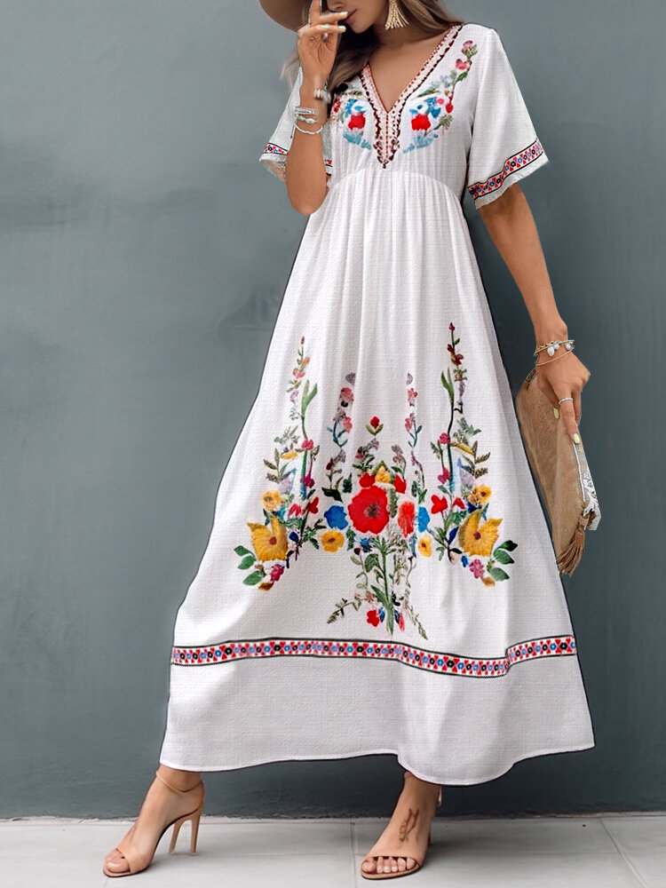 Women Ethnic Vintage Floral Plant Print V-Neck Short Sleeve Dress