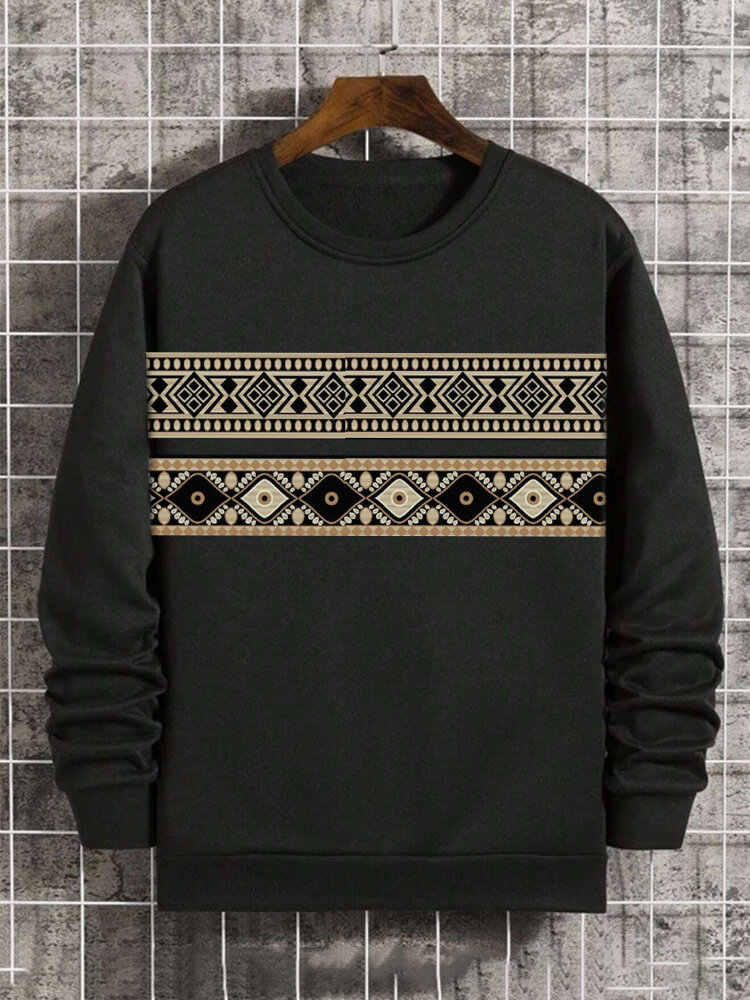 Mens Ethnic Vintage Geometric Print Panel Crew Neck Pullover Sweatshirts Winter