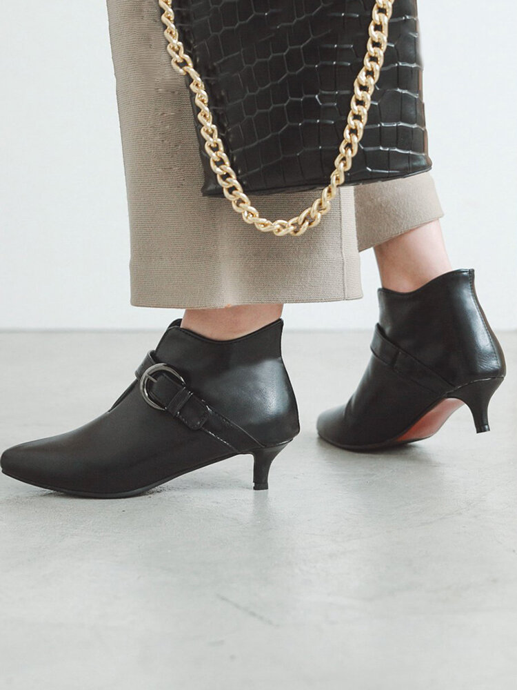 Women Pointed Toe Low Heel Buckle Ankle Boots