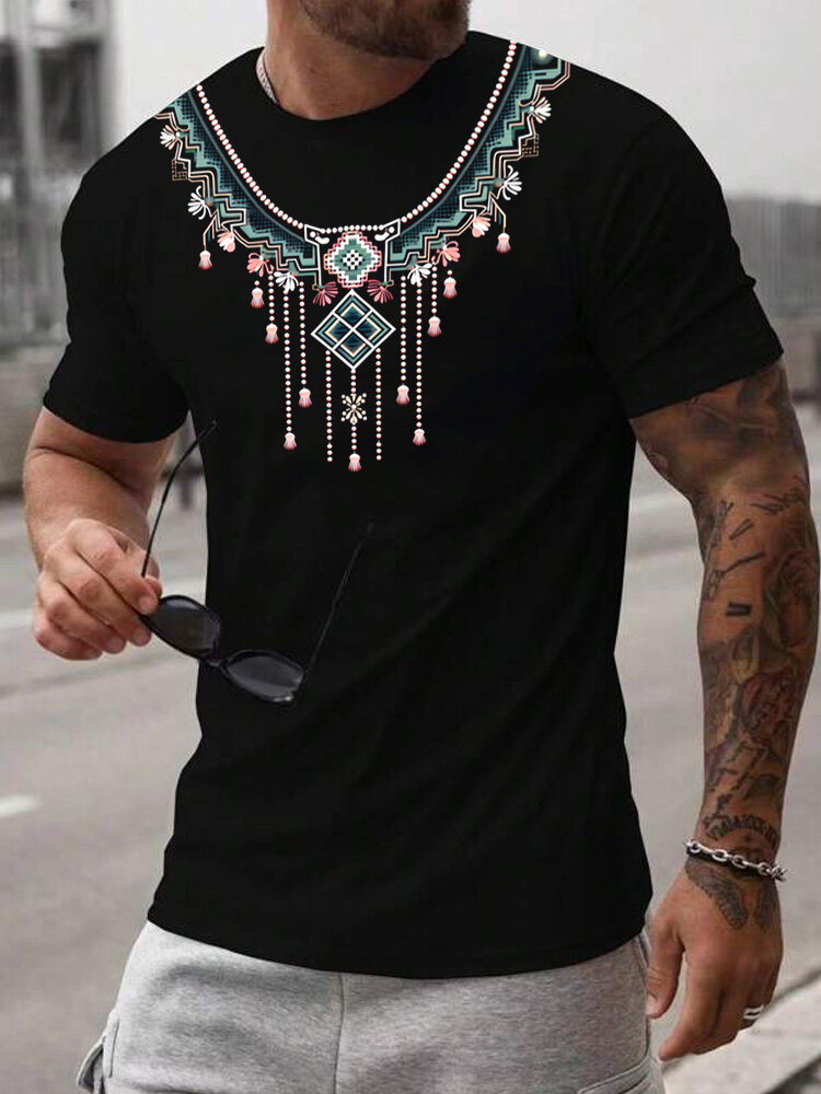 Camisetas de manga corta para hombre étnicas vendimia con estampado geométrico Cuello Invierno