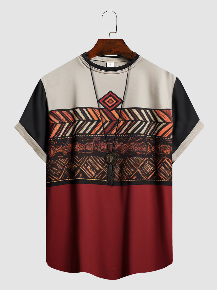 T-shirts à manches courtes et col rond en patchwork à motif géométrique ethnique pour hommes