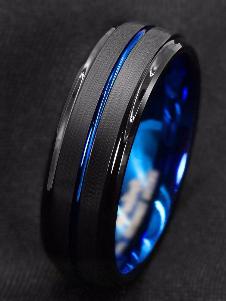 Vintage Black Slotted Inner Blue Stainless Steel Ring