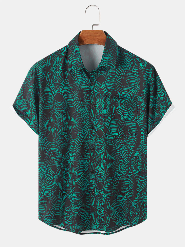 Mens Abstract Line Print Button Up Street Short Sleeve Shirts