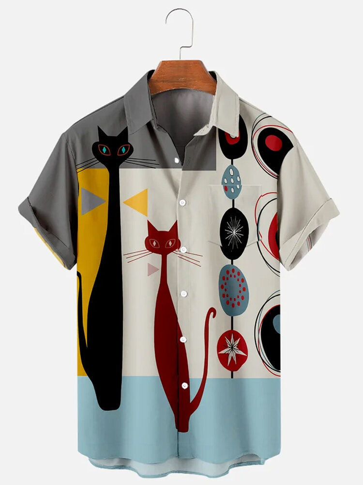 Camisas masculinas de manga curta com estampa geométrica de desenho animado de gato colorido e lapela