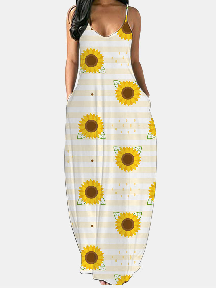

Bohemian Sunflowers Striped Camisole Dress, White