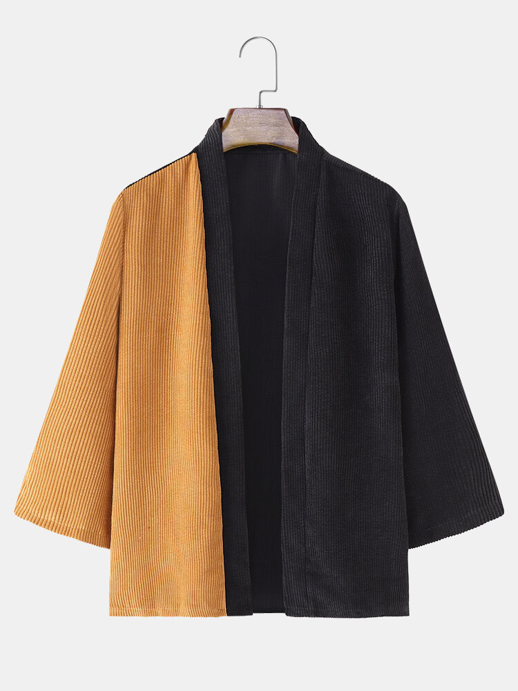Mens Two Tone Stitching Open Front Corduroy Casual Loose Kimono