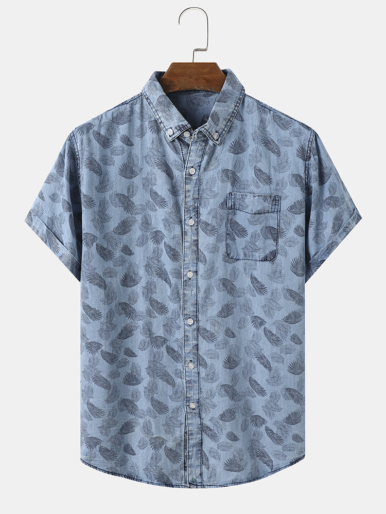 Men 100% Cotton Denim Graphic Leaf Pattern Lapel Short Sleeve Leisure Shirts