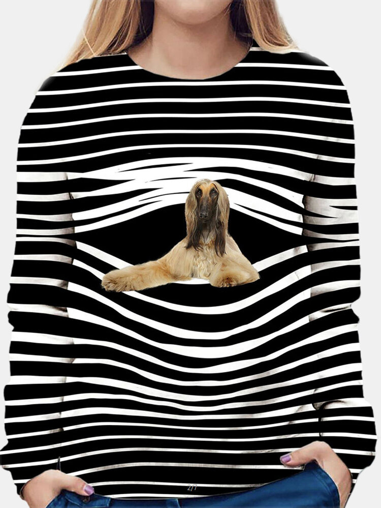 Dog Stripe Print Long Sleeve Casual O-neck T-shirt For Women