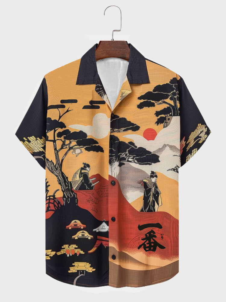 

Mens Japanese Figure Landscape Print Revere Collar Short Sleeve Shirts, Orange