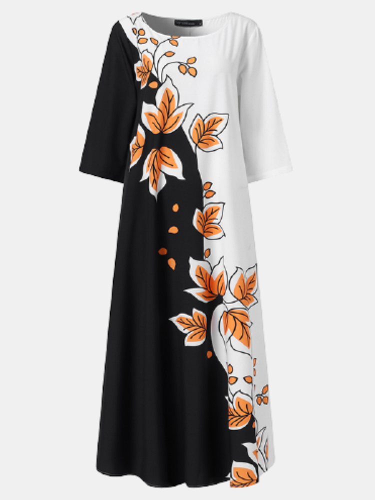 

Calico Print Patchwork O-neck Plus Size Casual Dress for Women, Orange