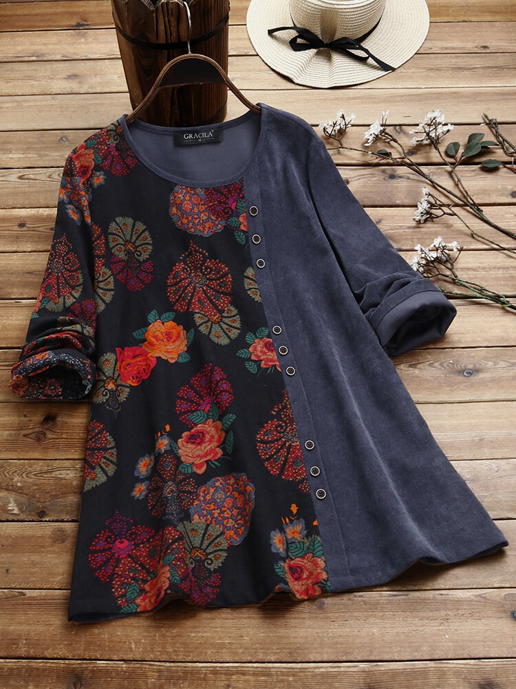 Floral Print Patched O-neck Long Sleeve Corduroy Blouse