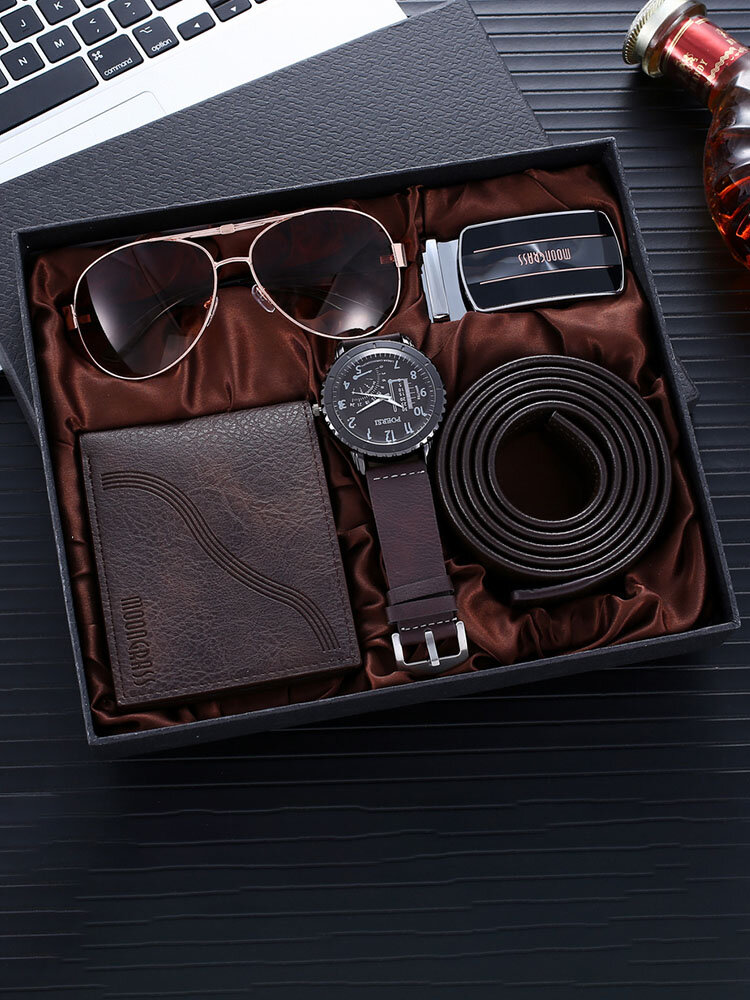 4 Pcs/set Men Casual Business Set Wallets Belts Glasses Quartz Watches