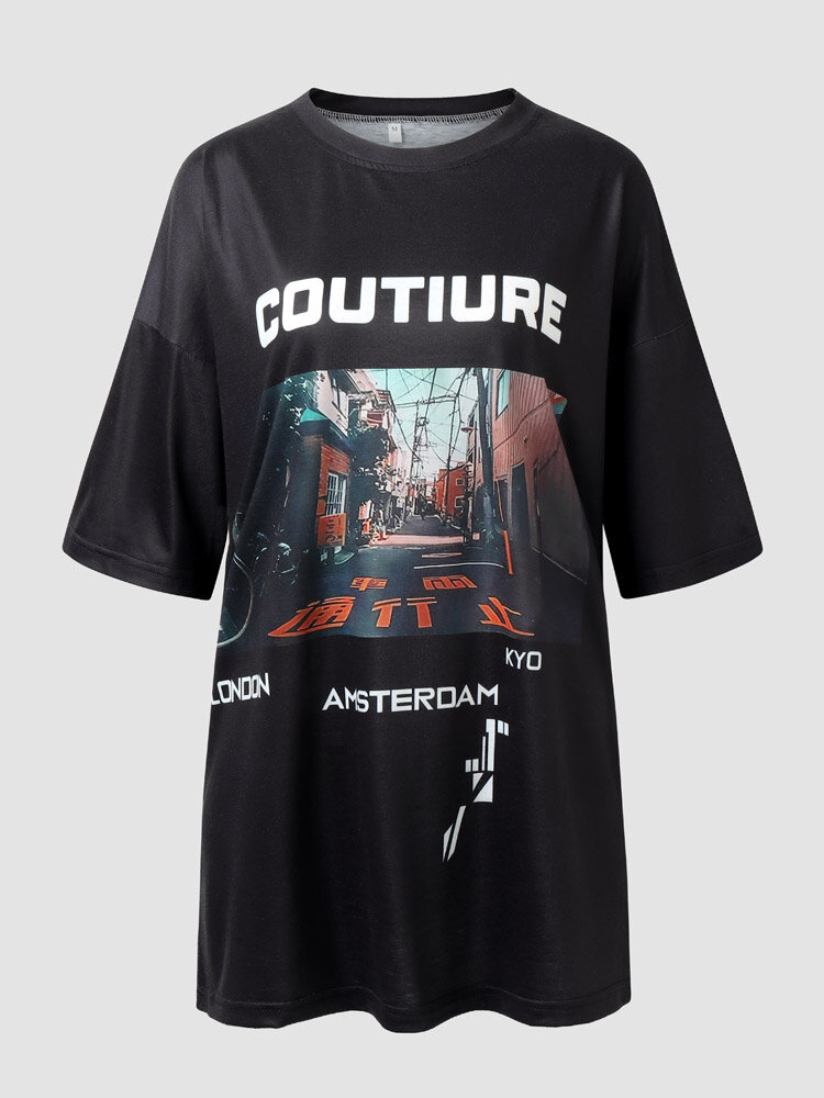 Street View Letters Graphic Short Sleeve Loose T-shirt