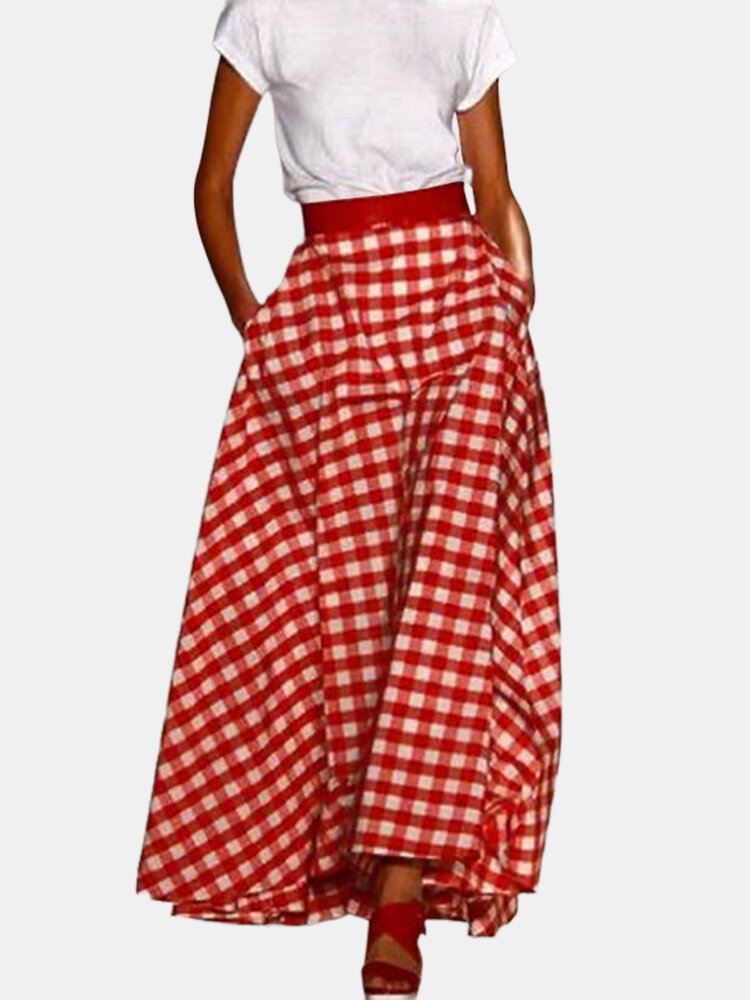 Plaid Print Elastic Waist Casual Skirt For Women