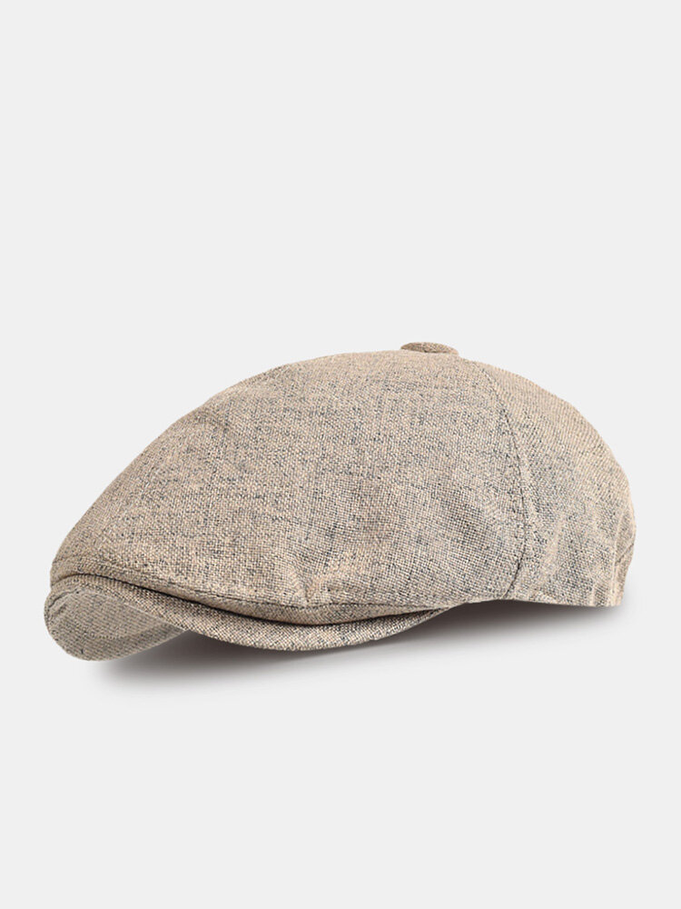 Men Cotton Linen Solid Color Breathable Sunshade Short Brim Casual Vintage Detective Hat Forward Hat Beret Flat Cap
