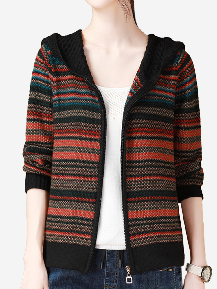 Multicolor Stripe Patchwork Long Sleeve Casual Coat For Women