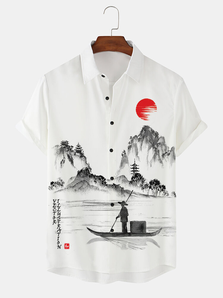 Mens Ink Figure Landscape Print Lapel Short Sleeve Shirts