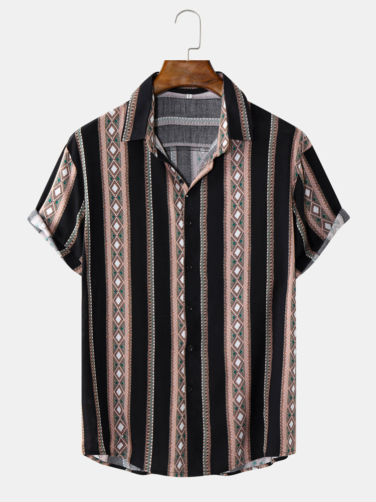 Mens Vintage Geometric Stripe Print Lapel Short Sleeve Shirts