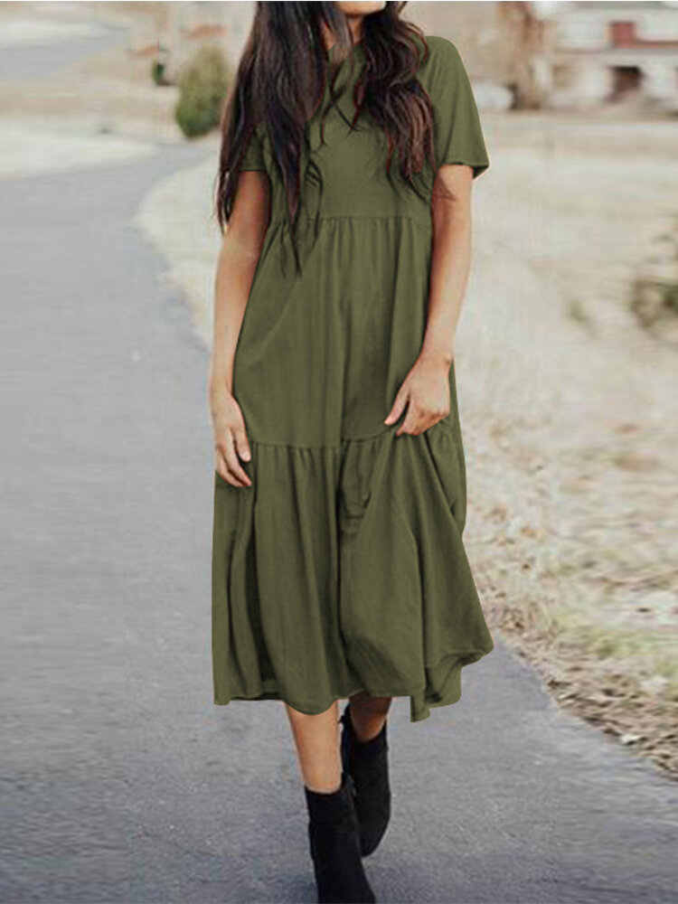 Layered Pleated Short Sleeve A-line Plus Size Dress